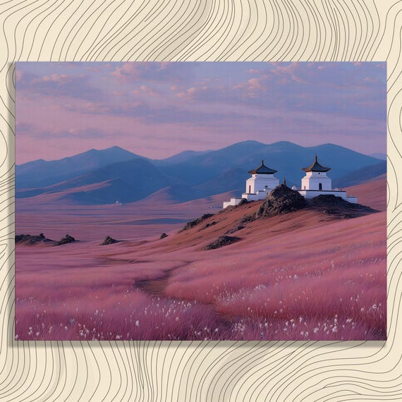 Colorful Temple Mountain Canvas Wall Art Pastel Landscape Of Pink Grasslands Blue Ranges Zen Nature Print With Watercolor Evening Sky