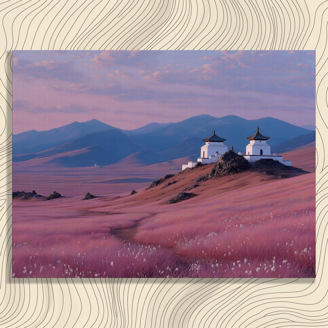 Surreal Pink Mountain Temple Pastel Fantasy Landscape Poster