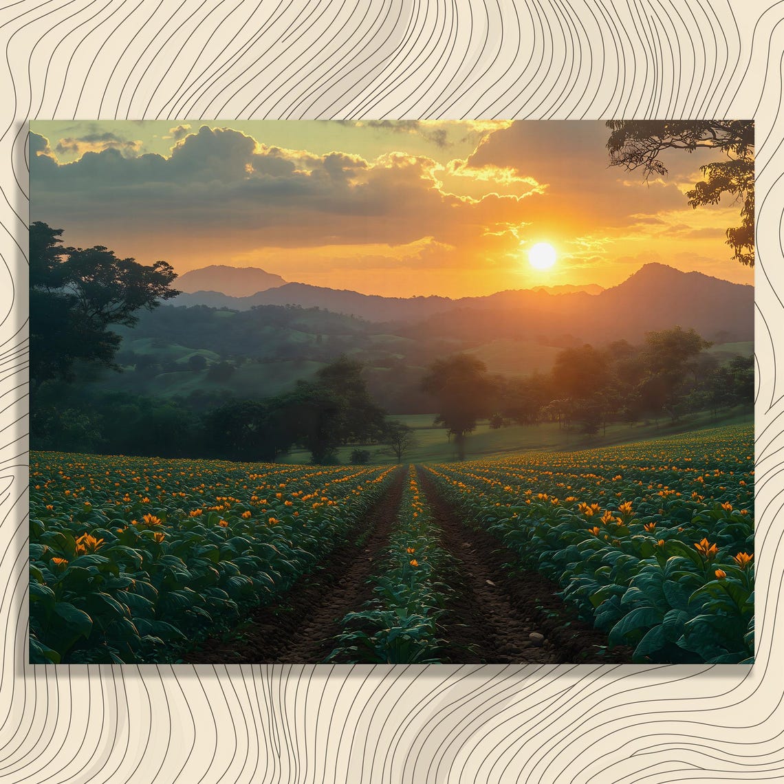 Golden Sunset Flower Field Rows Mountain Landscape Painting Poster