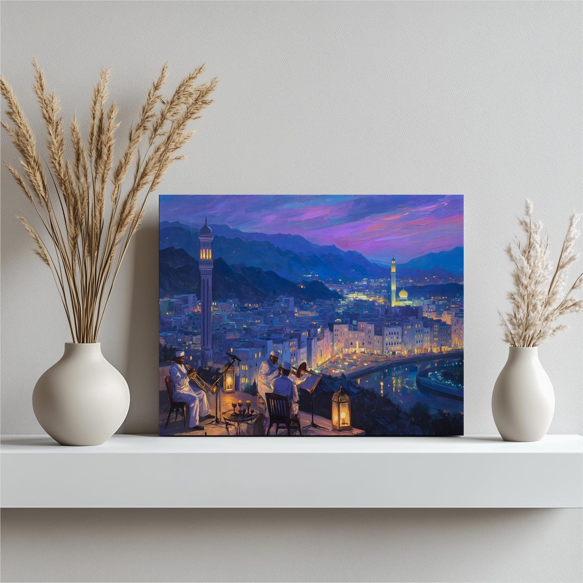 Twilight Rooftop Musicians Above Old City Lantern Glow Poster