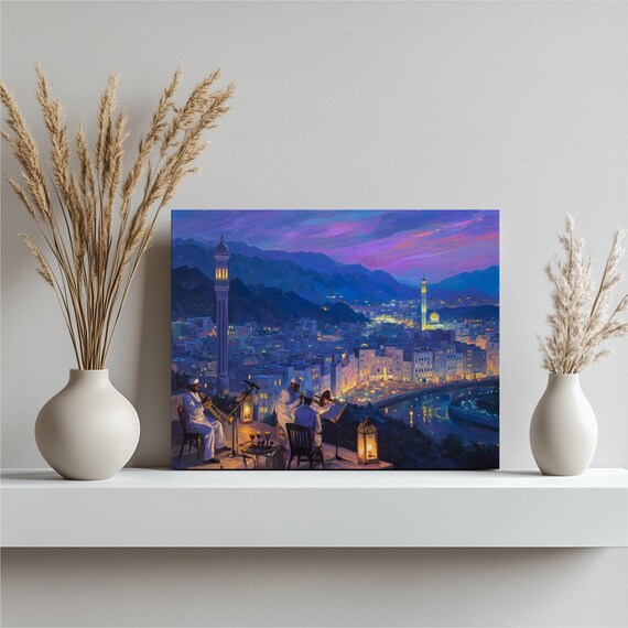 Colorful Rooftop Cityscape Canvas Wall Art Twilight Musicians Lanterns Above Middle Eastern Skyline River Decor Print Painting Gift