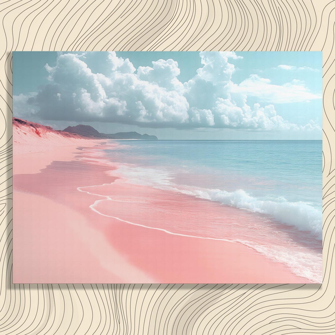 Pink Sand Beach Painting With Turquoise Waves And Clouds Poster