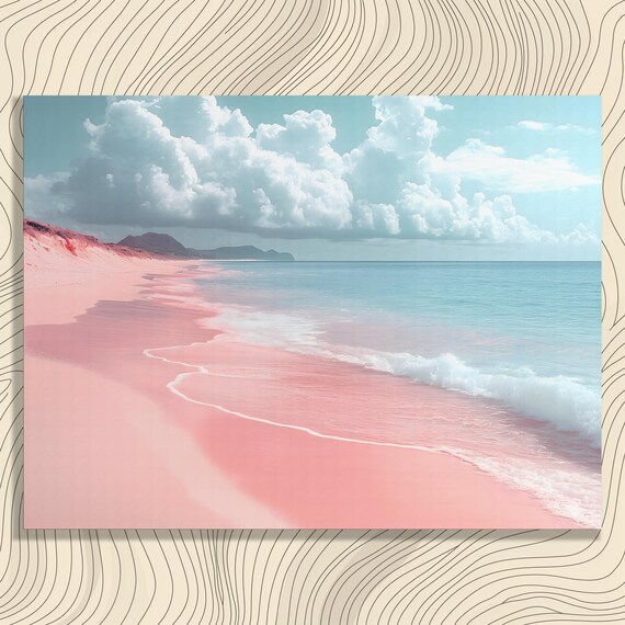 Pink Sand Beach Painting With Turquoise Waves And Clouds Poster