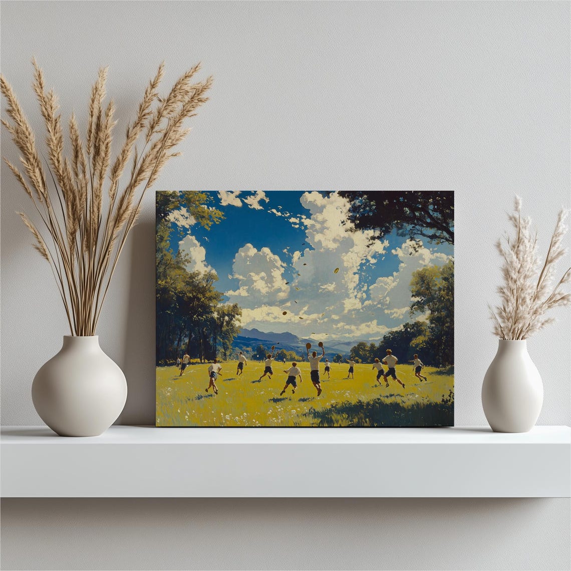 Sunny Meadow Kids Playing Frisbee Impressionist Outdoor Fun Poster