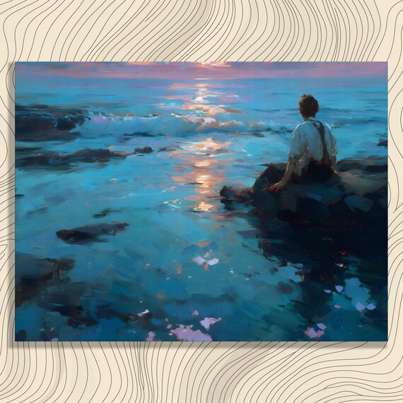 Man Watching Ocean Sunset on Rocks Impressionist Blue Wall Art