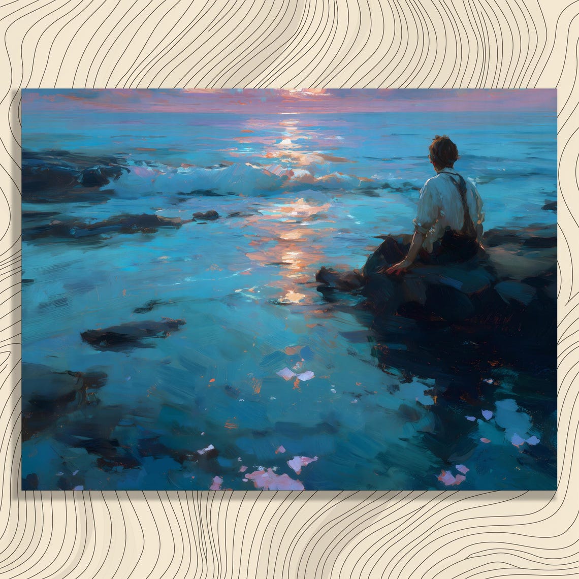 Man Watching Ocean Sunset on Rocks Impressionist Blue Wall Art