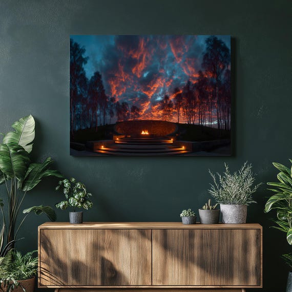 Sunset Birch Grove Canvas Wall Art Photoreal Landscape Print With Eternal Flame At Dusk Modern Nature Decor Fire Pit Painting Gift