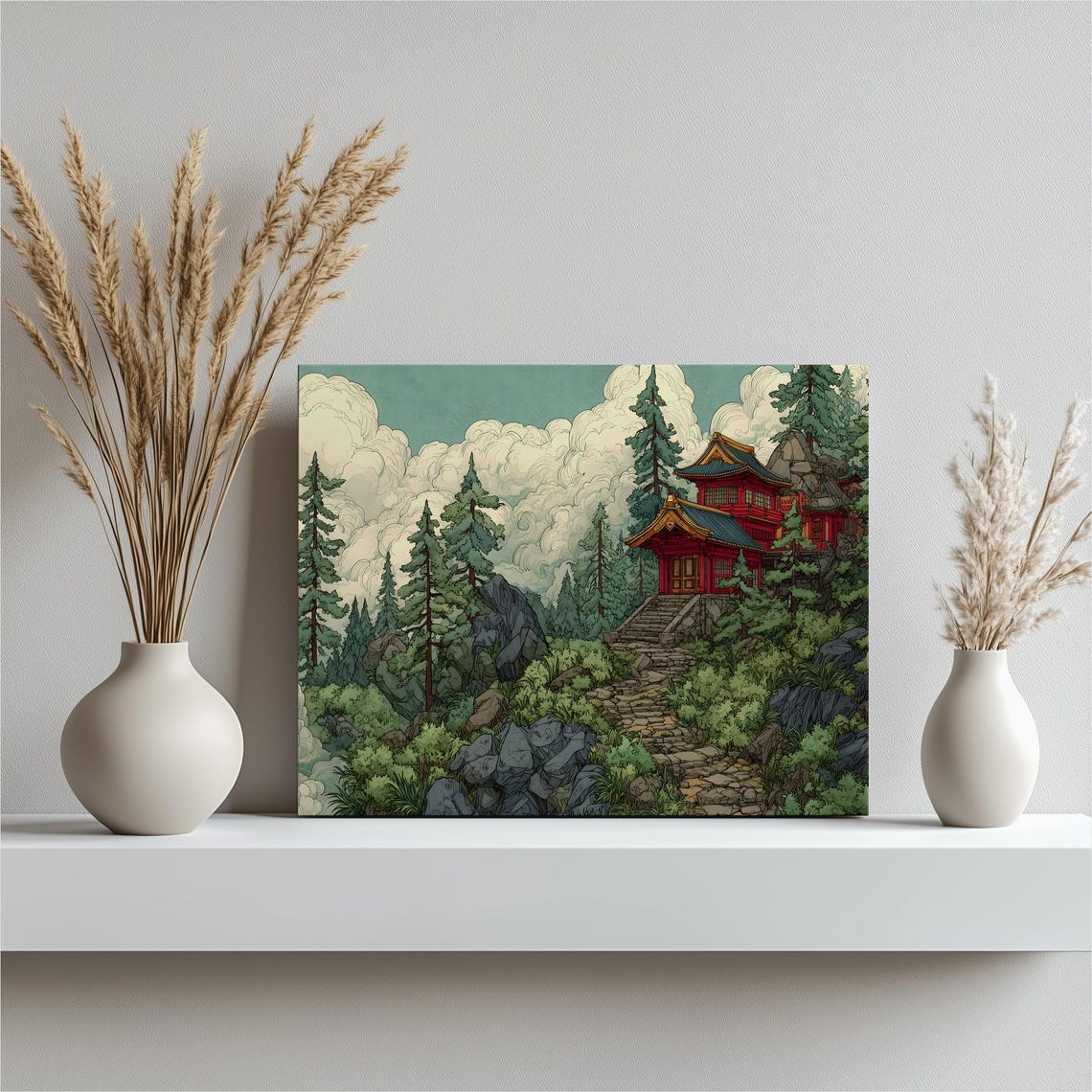 Serene Pagoda Mountain Canvas Wall Art Asian Temple Landscape Watercolor With Clouds Stone Steps Zen Style Decor Giclee Print