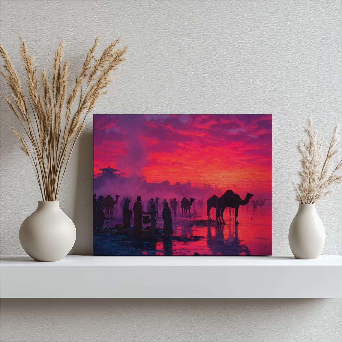 Sunset Camel Caravan Silhouette Purple Red Sky Desert Travel Poster
