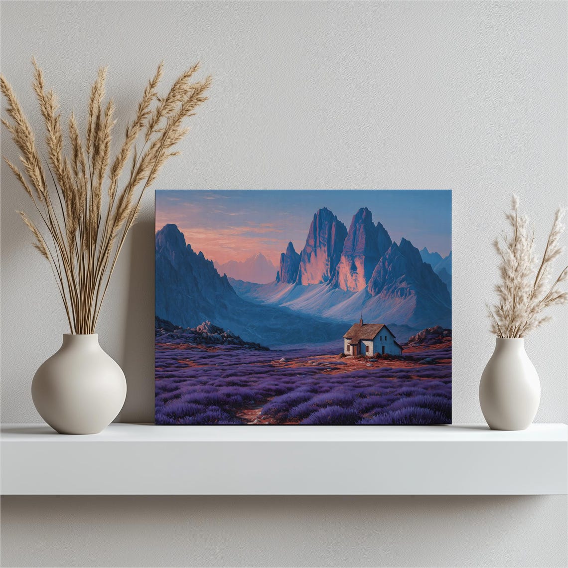 Purple Lavender Field Mountain Sunset Cottage Landscape Canvas Print