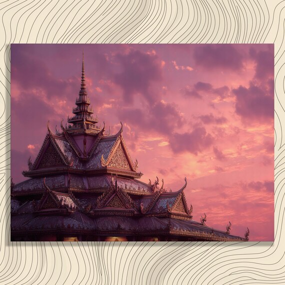 Thailand Canvas Wall Art Sunset Temple Pink Purple Buddhist Landscape Asian Architecture Thai Culture Decor Print