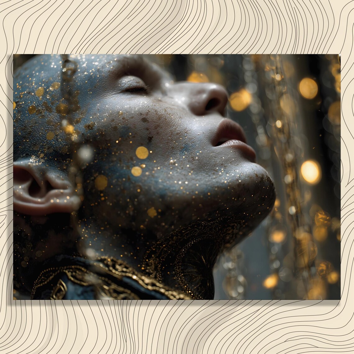 Surreal Gold Portrait Canvas Wall Art Modern Gothic Chain Bokeh Lights Decor Print Abstract Texture Contrast Expression