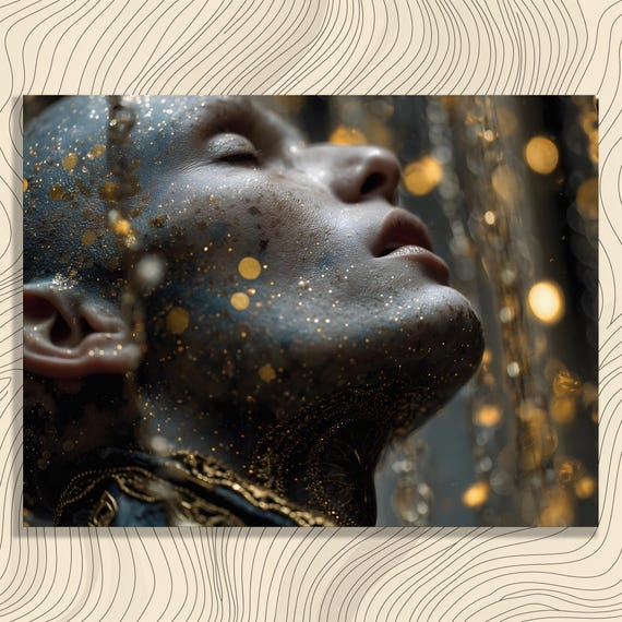 Surreal Gold Portrait Canvas Wall Art Modern Gothic Chain Bokeh Lights Decor Print Abstract Texture Contrast Expression