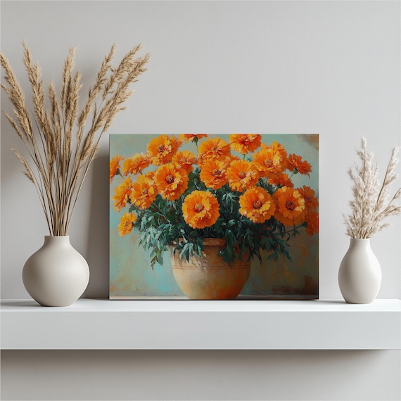 Orange Marigold Blooms in a Terracotta Pot Classic Still Life Oil Painting Poster