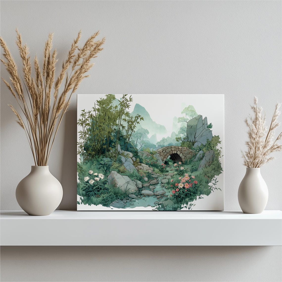 Misty Mountain Stone Bridge Watercolor Bamboo Garden Landscape Poster