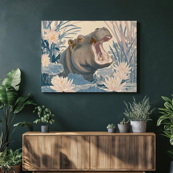 Hippo Canvas Wall Art Vintage Hippopotamus Print With Flowers And Water Lily Pond Wildlife Nature Decor Boho Style Botanical