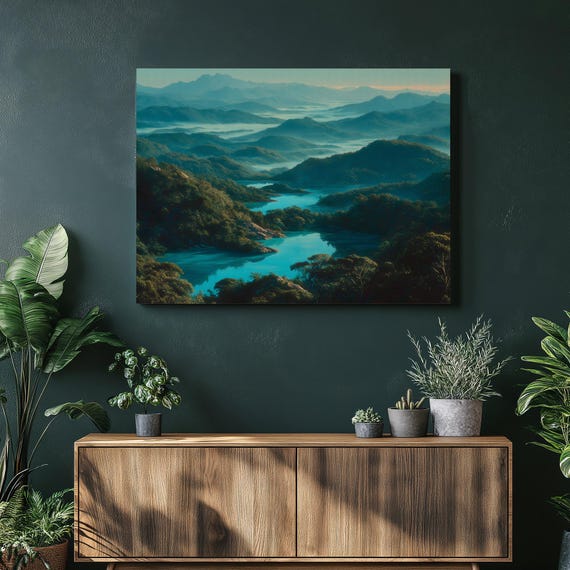 Misty Mountain Lake Canvas Wall Art Colorful Impressionist Landscape Print Nature Decor Forest Peaks At Dawn Sky