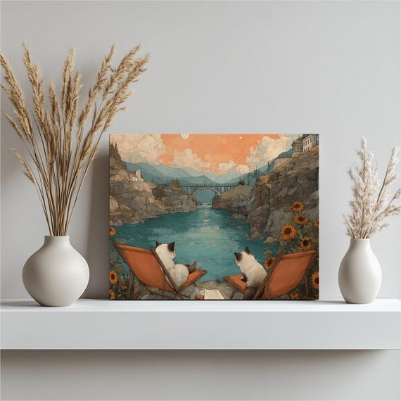 Cozy Cat Canyon Canvas Wall Art Colorful Sunset River Scene Stone Bridge Mountains Sunflowers Whimsical Illustration Decor Print