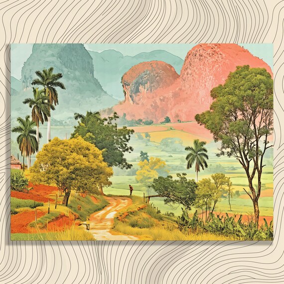 Tropical Palm Valley Coral Mountains Dirt Road Travel Landscape Poster