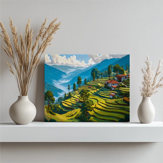 Vibrant Rice Terraces Canvas Wall Art Colorful Mountain Landscape Print For Nature Lovers