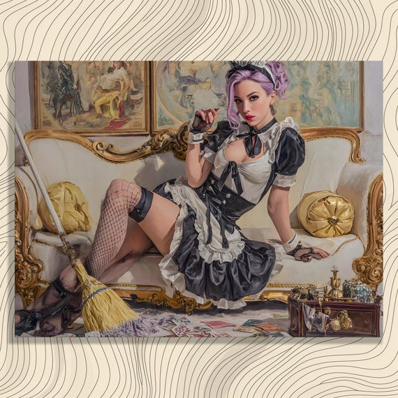French Maid Pinup Canvas Wall Art Vintage Boudoir Decor Baroque Sofa Tarot And Playing Cards Black Gold Victorian Style Print