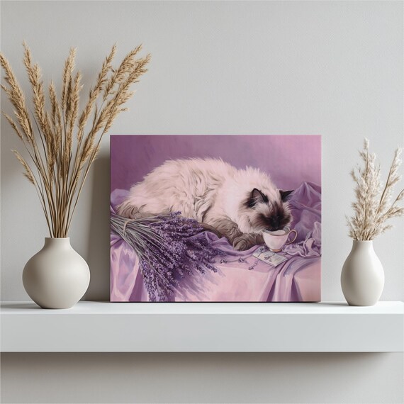 Sleeping White Cat Lavender Bouquet Teacup Floral Canvas Print