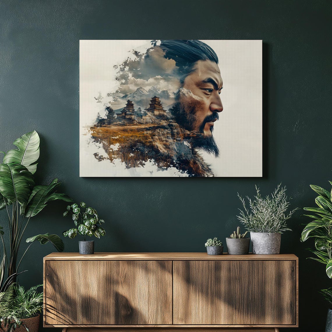 Warrior Portrait Double Exposure Temple Mountain Canvas Wall Art