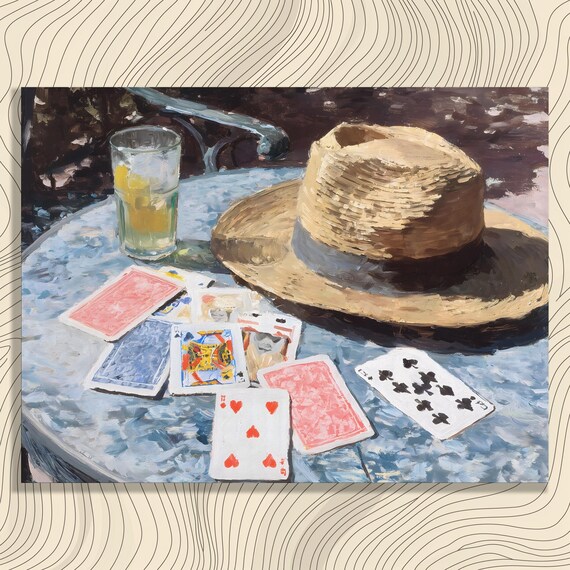 Playing Cards Straw Hat Summer Table Oil Painting Canvas Wall Art Still Life
