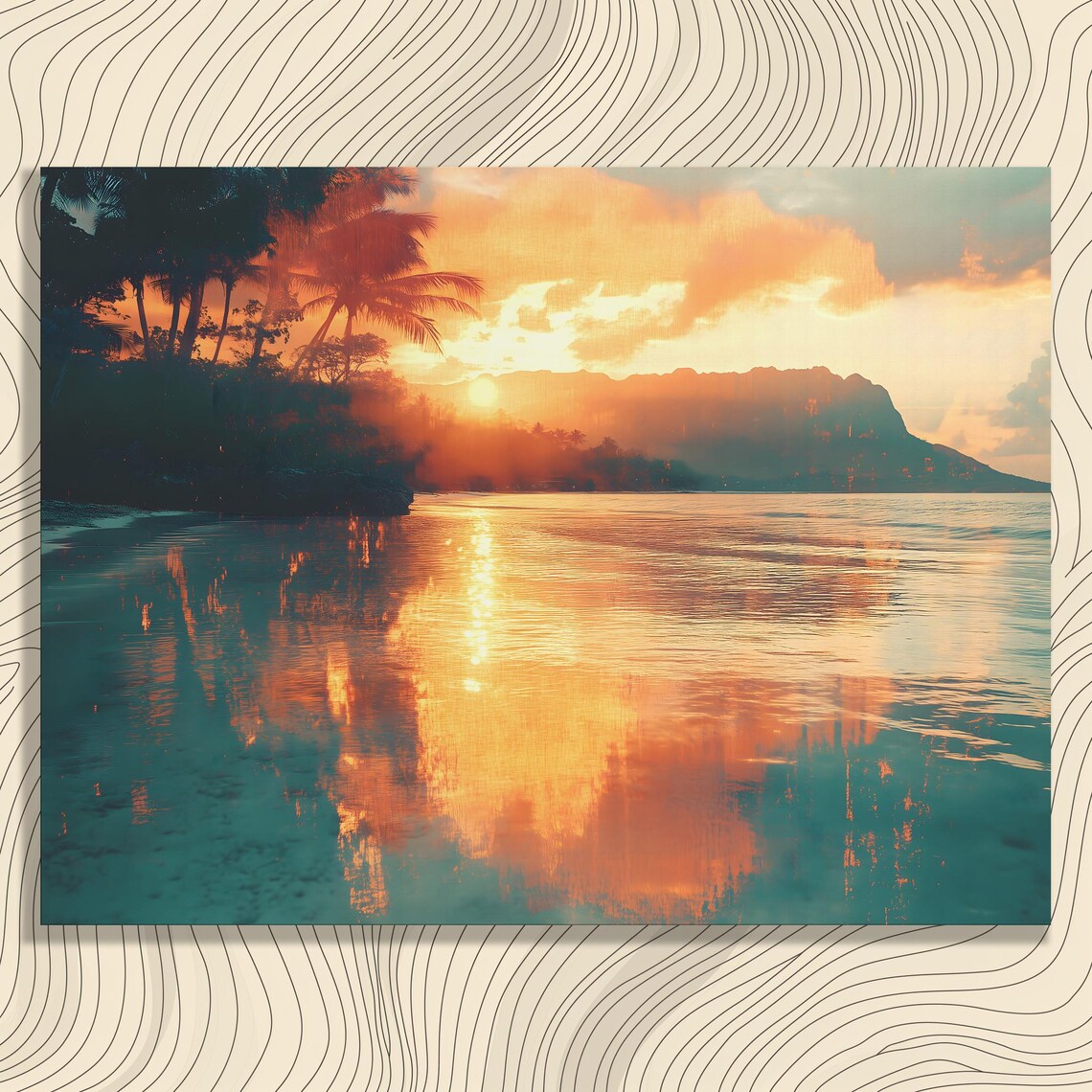 Tropical Sunset Over Calm Ocean Palm Tree Silhouette Coastal Scene Poster