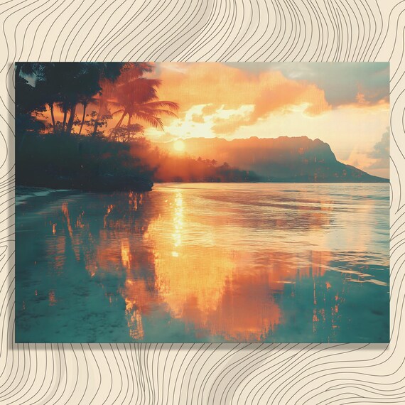 Tropical Sunset Over Calm Ocean Palm Tree Silhouette Coastal Scene Poster