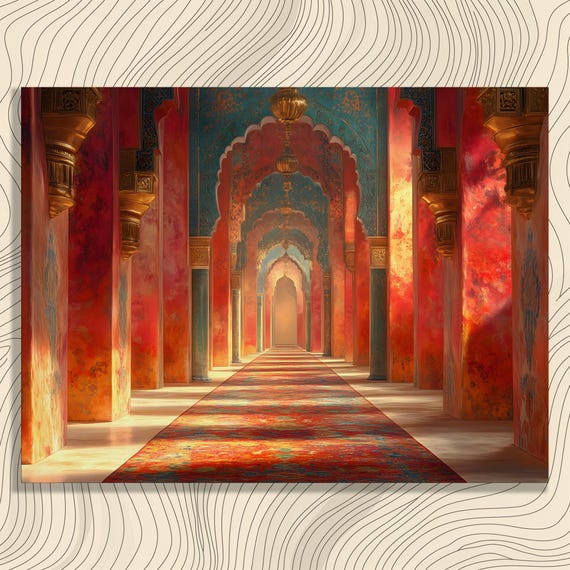 Arabian Palace Corridor Canvas Wall Art Arched Moorish Hallway With Oriental Rug Runner And Lanterns Vibrant Architectural Decor Print