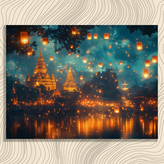 Floating Lanterns Canvas Wall Art Starry Night Watercolor Painting Temple Architecture Print Tropical Coastal Landscape Home Decor