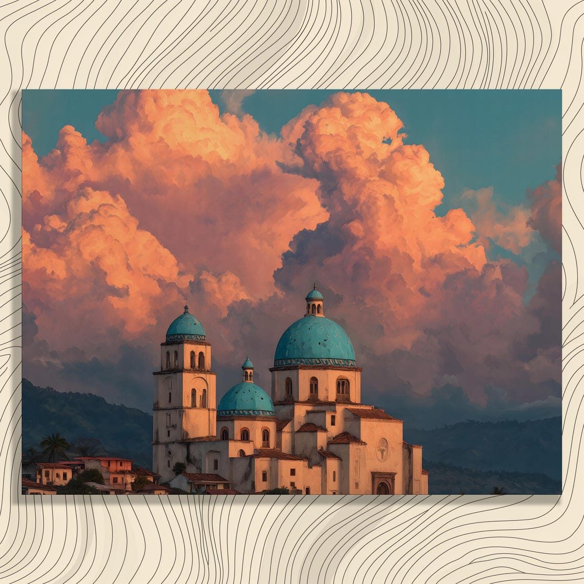 Caribbean Church Blue Domes Dramatic Sunset Clouds Travel Art Print