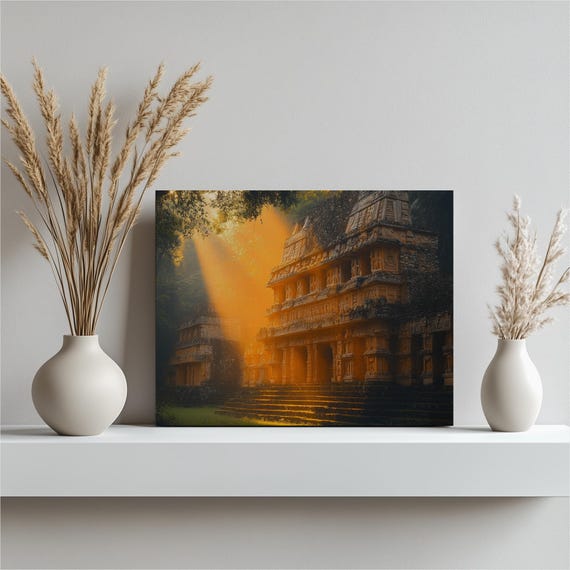 Ancient Temple Canvas Wall Art Copan Honduras Ruins Forest Painting With Golden Light Rustic Mystical Nature Scene For Home Office Decor