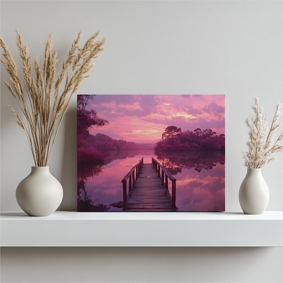 Purple Sunset Lake Wooden Pier Reflection Tranquil Nature Wall Art