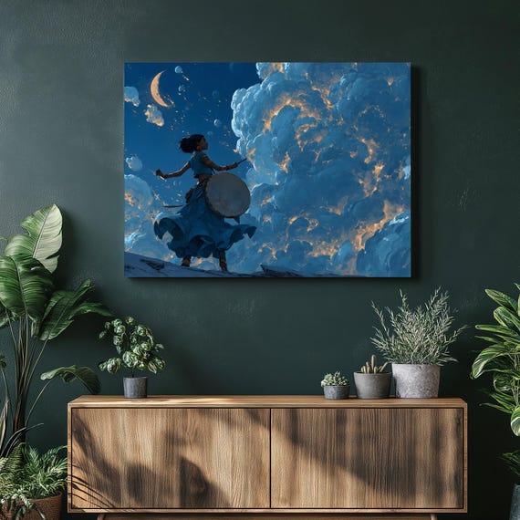 Crescent Moon Dancer Canvas Wall Art Celestial Night Sky With Tambourine Cosmic Clouds And Stars Fantasy Scene Gift Decor Print
