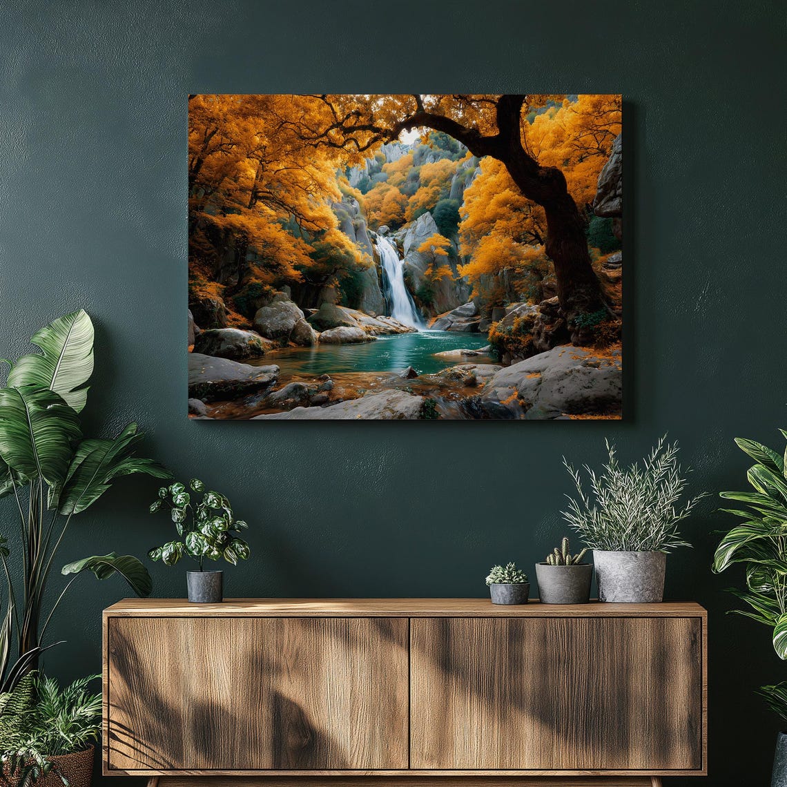 Golden Autumn Waterfall Into Turquoise Pool Rustic Forest Poster