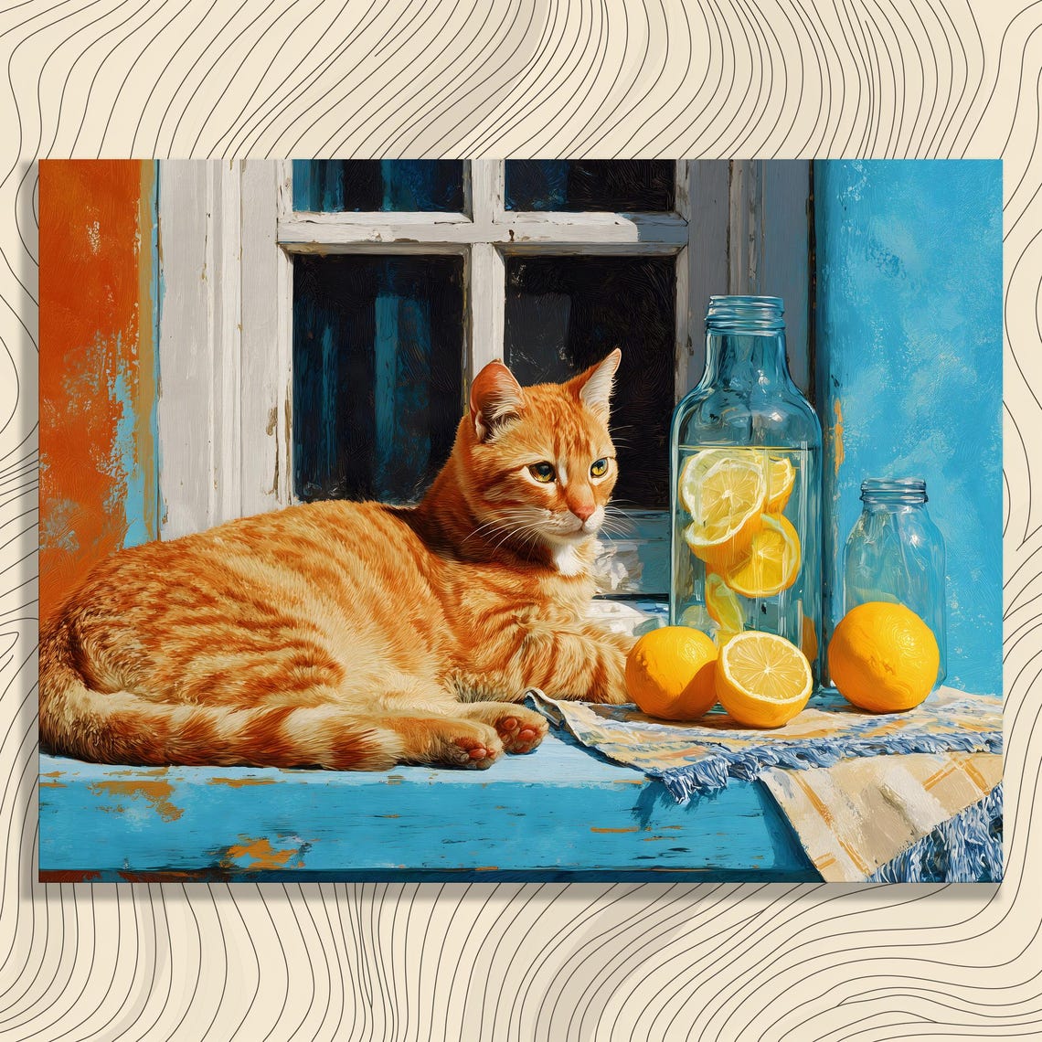 Ginger Tabby Cat On Sunny Blue Windowsill Lemons Citrus Art Poster