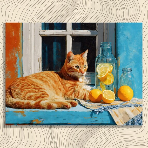Ginger Tabby Cat On Sunny Blue Windowsill Lemons Citrus Art Poster