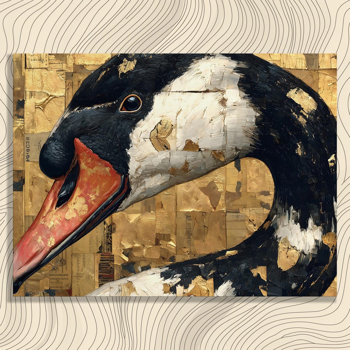 Black Swan Gold Leaf Textured Wildlife Portrait Modern Art Poster