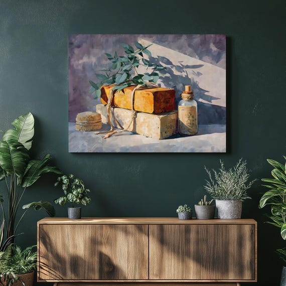 Botanical Eucalyptus Minimal Canvas Wall Art Spa Life With Stacked Soap A Glass Vessel Rustic Farmhouse Print Neutral