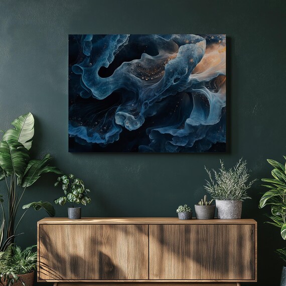Abstract Fluid Canvas Wall Art In Blue And Black Contemporary Fluidity Painting Modern Decor For Living Room