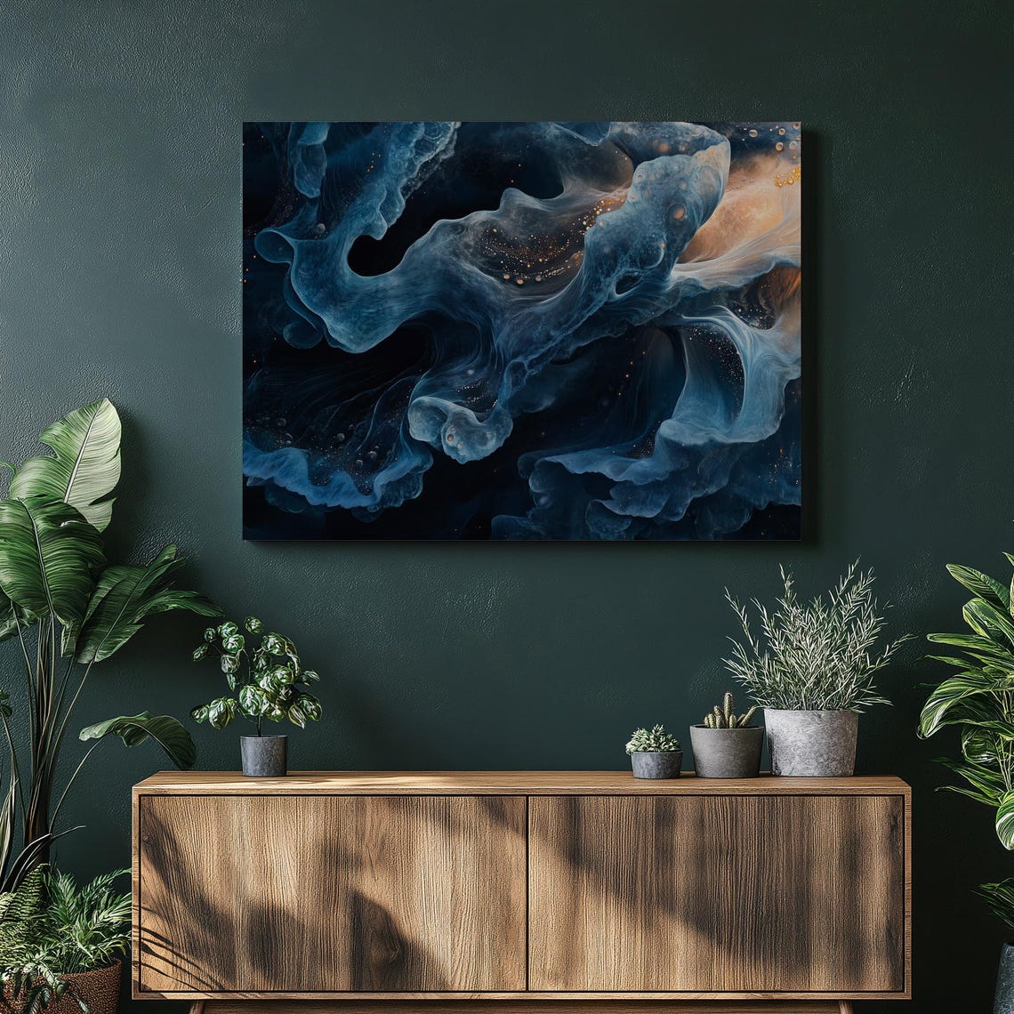 Abstract Blue Black Fluid Ink Swirl Gold Accent Modern Canvas Wall Art