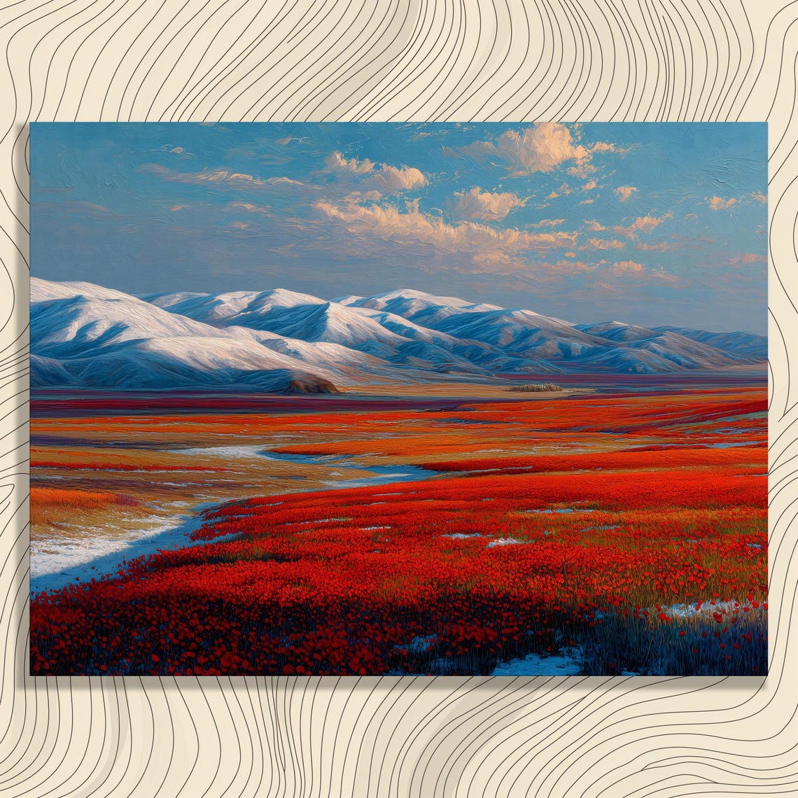 Red Poppy Field Stretching Toward Snow Capped Peaks Wall Art
