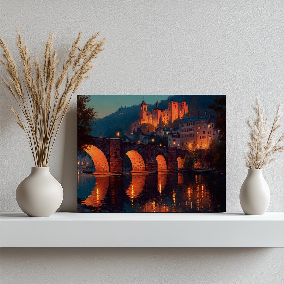 Medieval Castle and Lit Stone Bridge at Night Riverside Art Poster