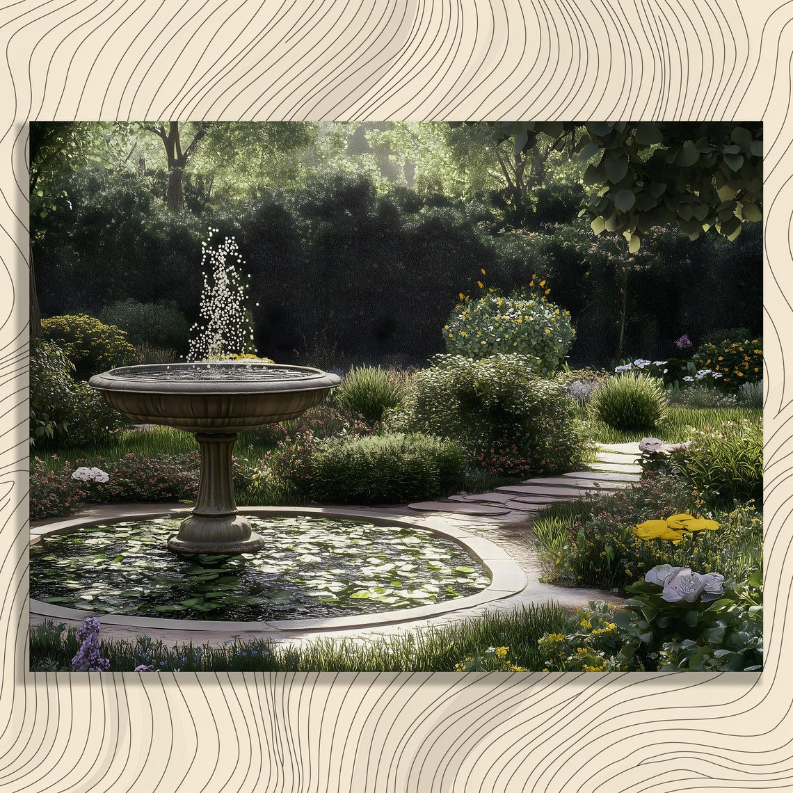 Stone Garden Fountain Lily Pond Sunlit Path Tranquil Canvas Poster
