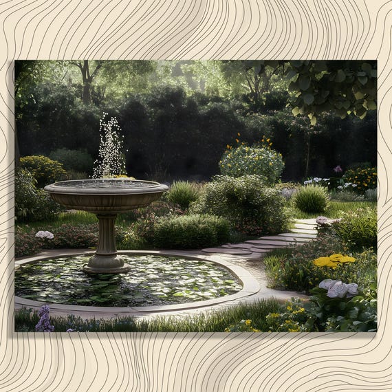 Serene Garden Fountain Canvas Wall Art Tranquil Lily Pond With Flowers Botanical Landscape Peaceful Backyard Pathway Greenery Print