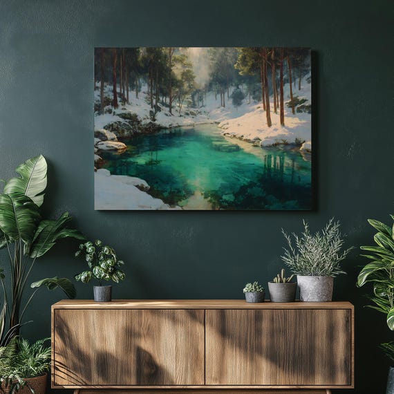 Winter Pine Creek Canvas Wall Art Snowy Forest Painting Print Nature Decor Landscape Turquoise River Scene Rustic Cabin Gift