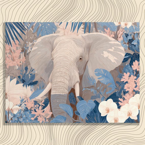 Elephant Canvas Wall Art Jungle Modern Boho Botanical Illustration Tropical Leaves Orchids Wildlife Print In Neutral Beige Blue