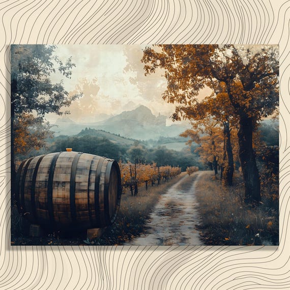 Rustic Wine Barrel on Autumn Vineyard Path Golden Orchard Wall Art
